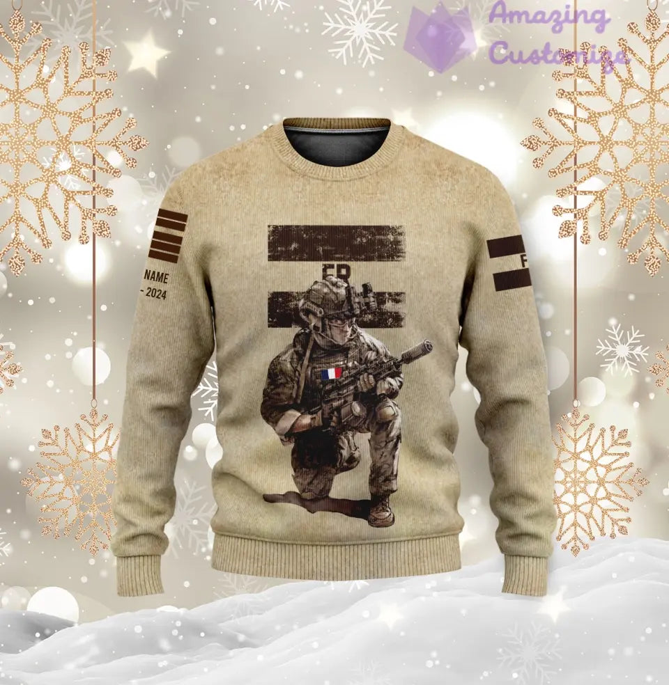 Sweat à capuche personnalisé avec camouflage soldat/vétéran de la France avec nom, année et grade imprimé sur toute la surface - 17229888