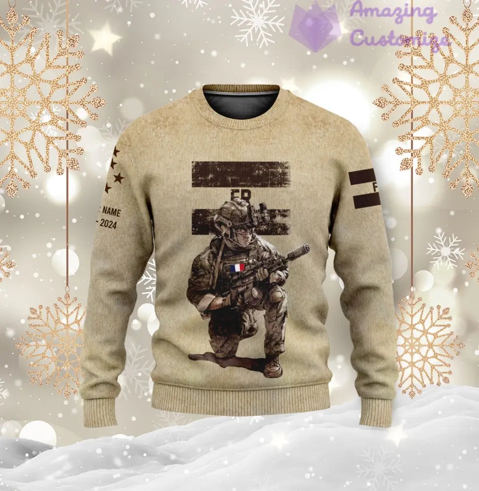 Sweat à capuche personnalisé avec camouflage soldat/vétéran de la France avec nom, année et grade imprimé sur toute la surface - 17229888