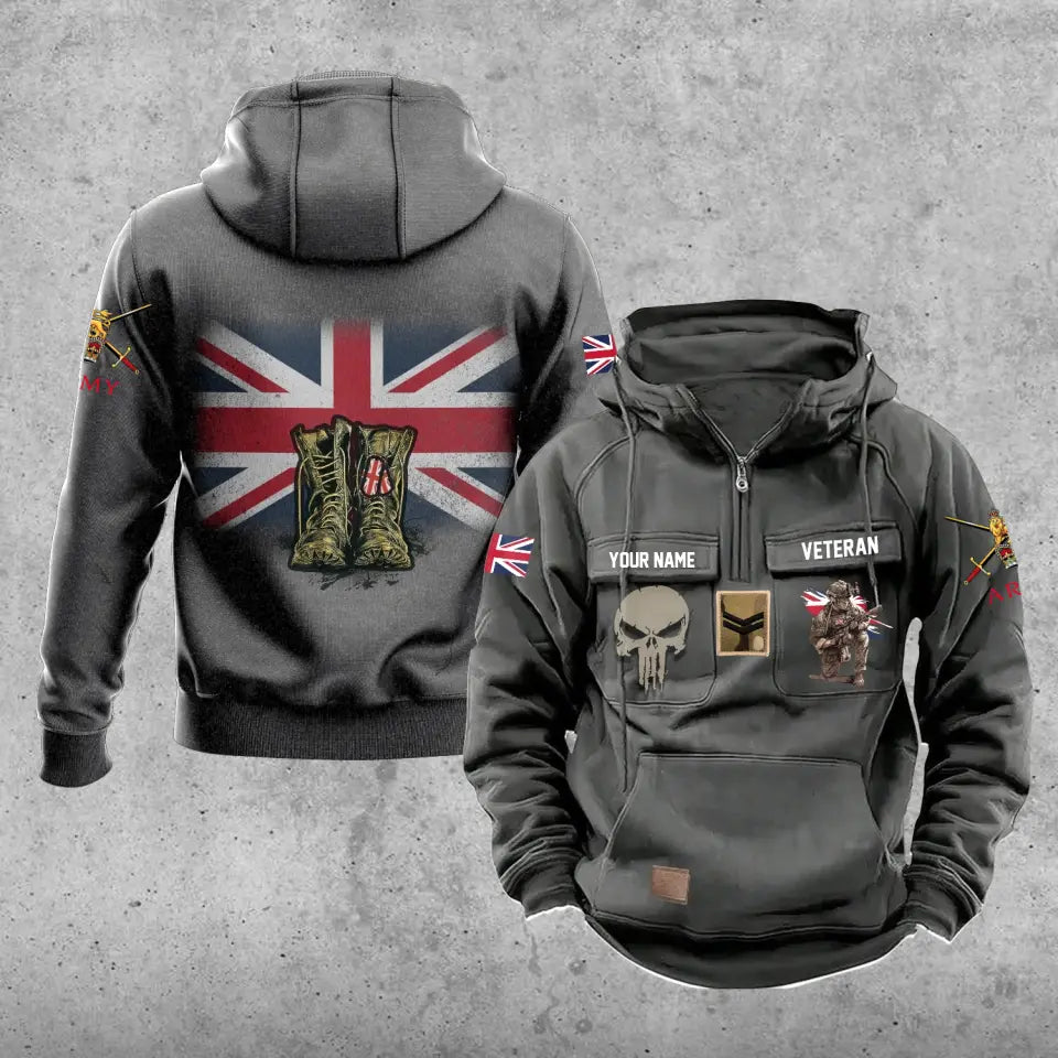 Sweat à capuche vintage personnalisé avec nom et grade de soldat/vétéran britannique imprimé sur toute la surface - 17203968