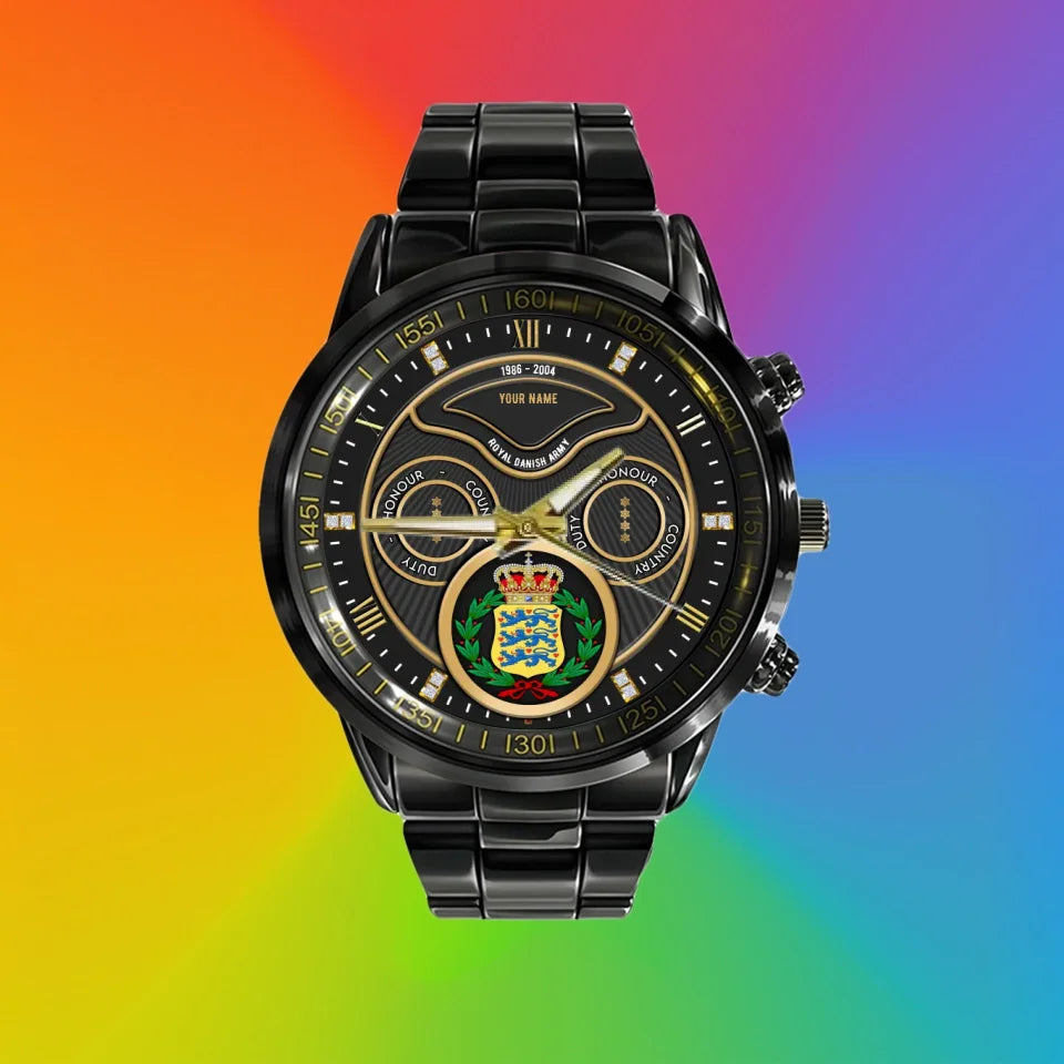 Personalized Denmark Soldier/ Veteran With Name, Rank And Year Black Stainless Steel Watch - 17286660 - Gold Version