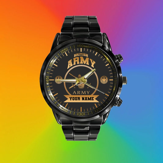 Personalized UK Soldier/ Veteran With Name, Rank And Black Stainless Steel Watch - 17424288 - Gold Version