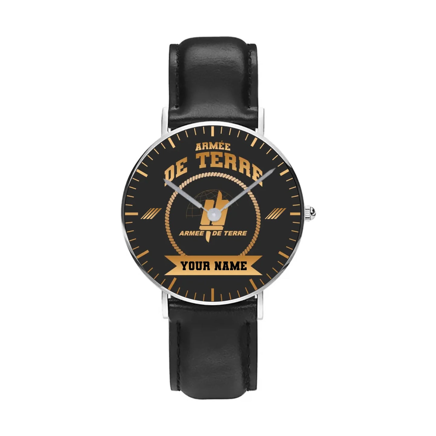 Personalized France Soldier/ Veteran With Name, Rank and Black Stitched Leather Watch - 17424288 - Gold Version