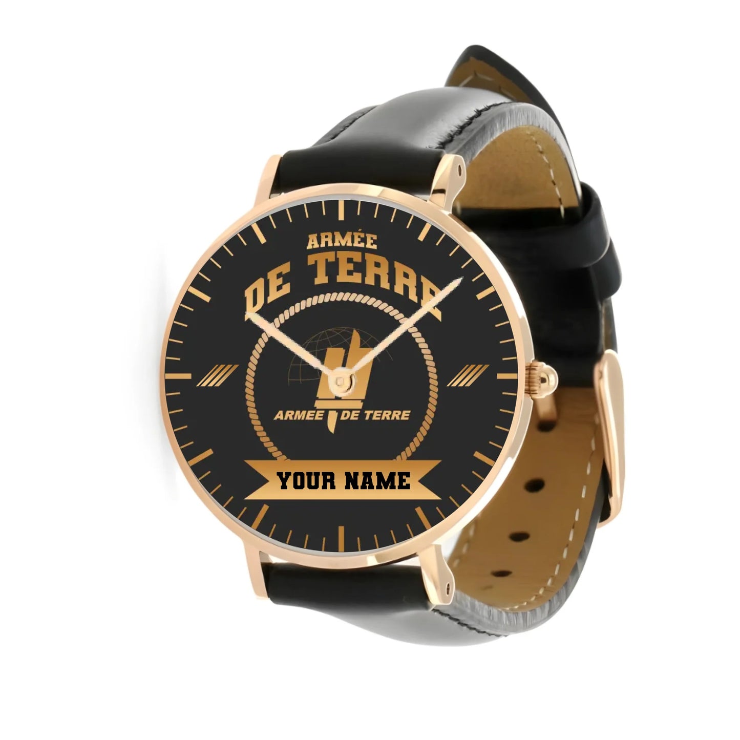 Personalized France Soldier/ Veteran With Name, Rank and Black Stitched Leather Watch - 17424288 - Gold Version