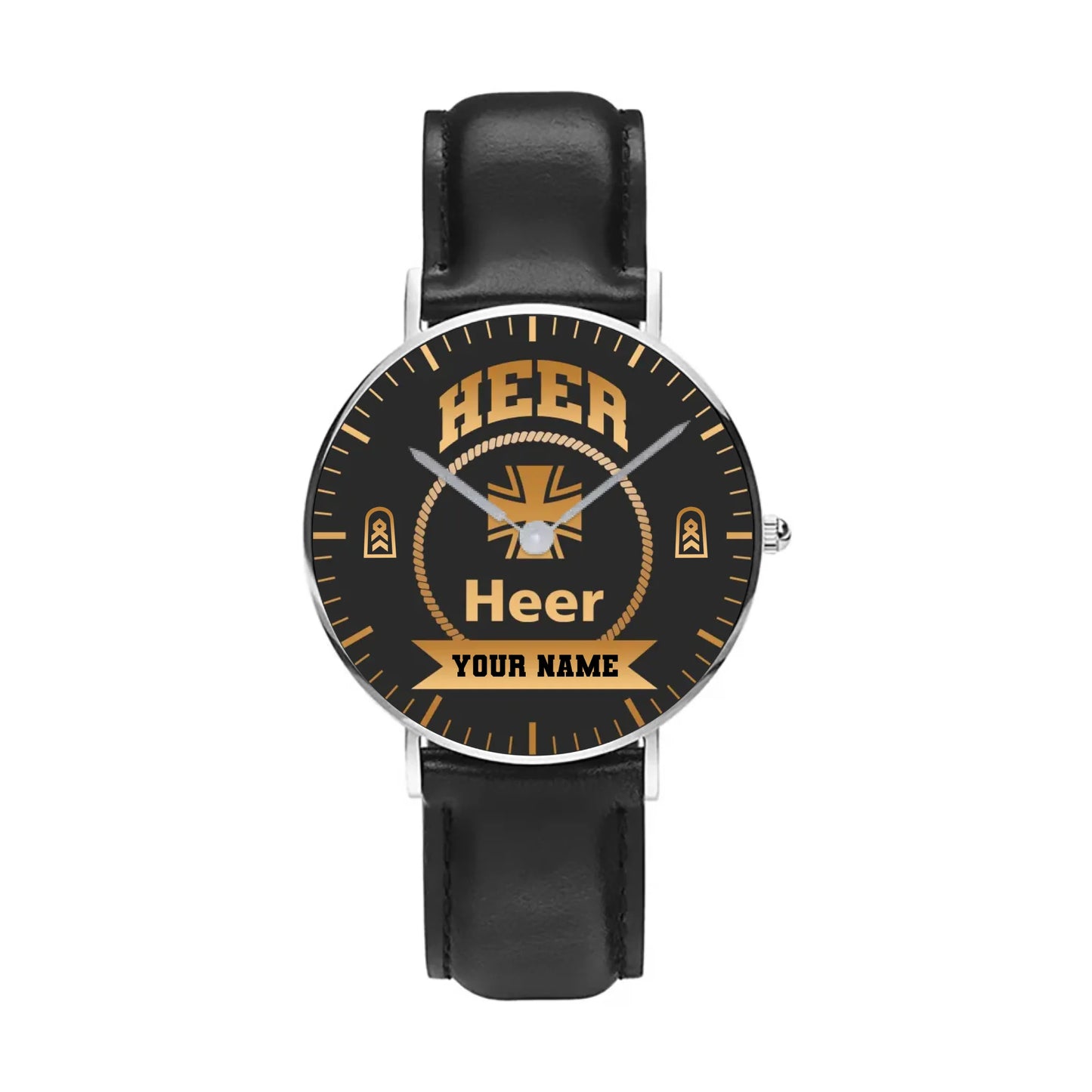 Personalized Germany Soldier/ Veteran With Name, Rank and Black Stitched Leather Watch - 17424288 - Gold Version