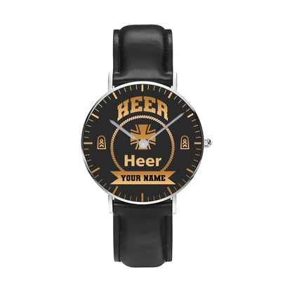 Personalized Germany Soldier/ Veteran With Name, Rank and Black Stitched Leather Watch - 17424288 - Gold Version
