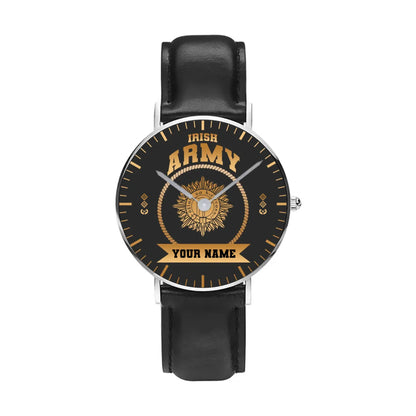 Personalized Ireland Soldier/ Veteran With Name, Rank and Black Stitched Leather Watch - 17424288 - Gold Version