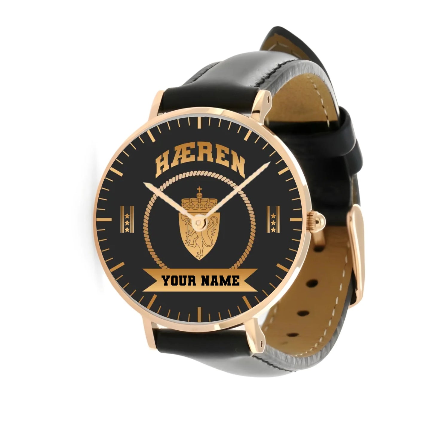 Personalized Norway Soldier/ Veteran With Name, Rank and Black Stitched Leather Watch - 17424288 - Gold Version