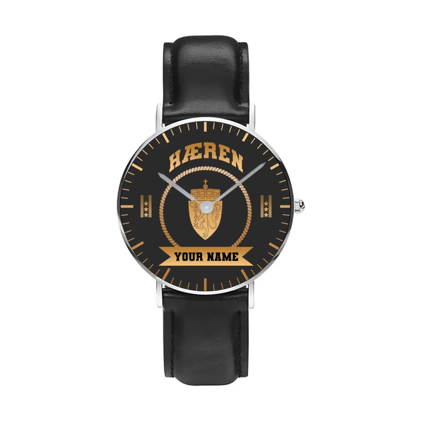 Personalized Norway Soldier/ Veteran With Name, Rank and Black Stitched Leather Watch - 17424288 - Gold Version