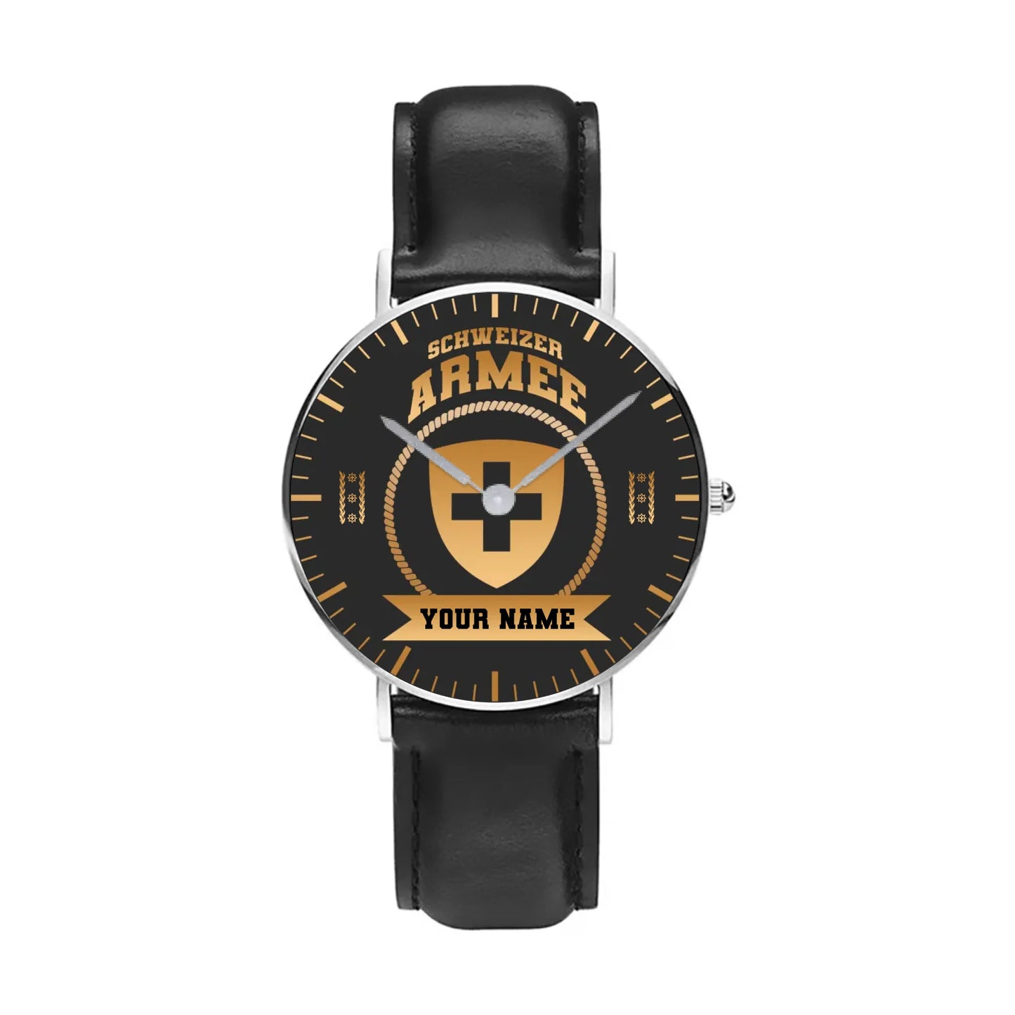 Personalized Swiss Soldier/ Veteran With Name, Rank and Black Stitched Leather Watch - 17424288 - Gold Version