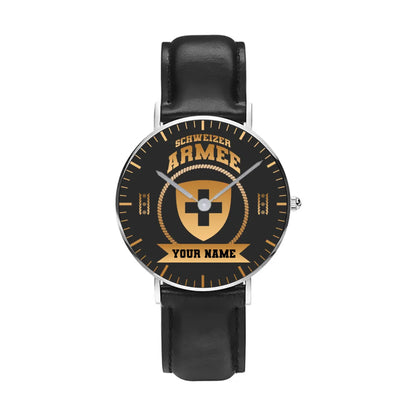 Personalized Swiss Soldier/ Veteran With Name, Rank and Black Stitched Leather Watch - 17424288 - Gold Version