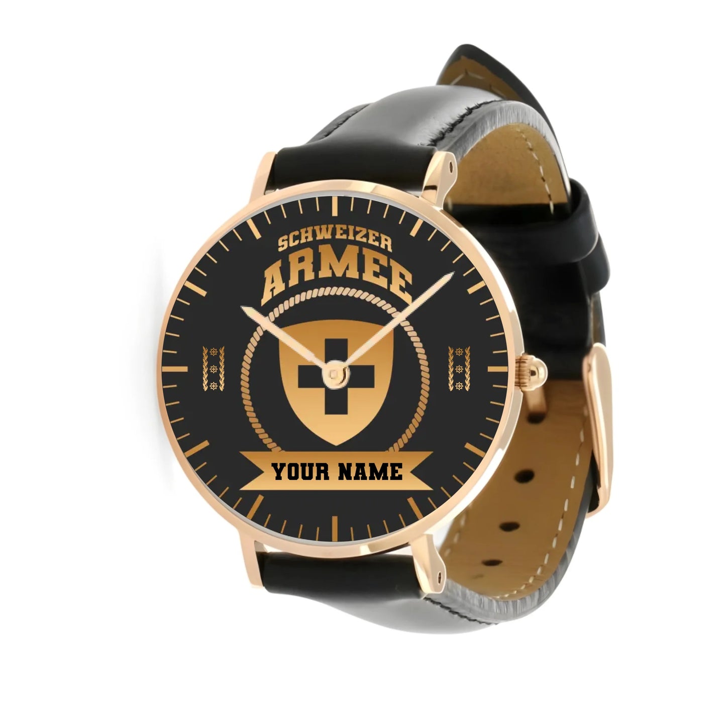Personalized Swiss Soldier/ Veteran With Name, Rank and Black Stitched Leather Watch - 17424288 - Gold Version