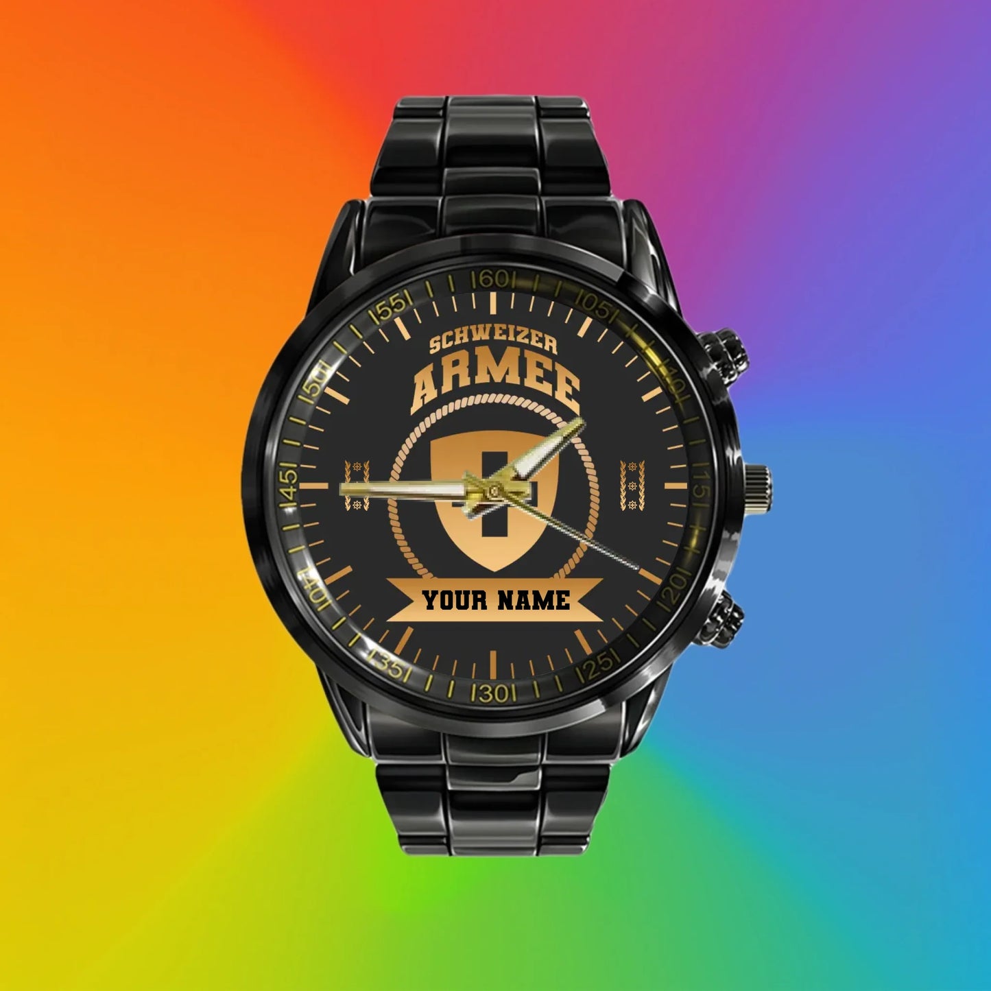 Personalized Swiss Soldier/ Veteran With Name, Rank And Black Stainless Steel Watch - 17424288 - Gold Version
