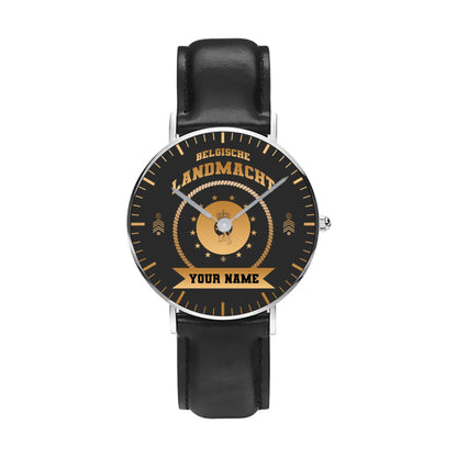 Personalized Belgium Soldier/ Veteran With Name, Rank and Black Stitched Leather Watch - 17424288 - Gold Version