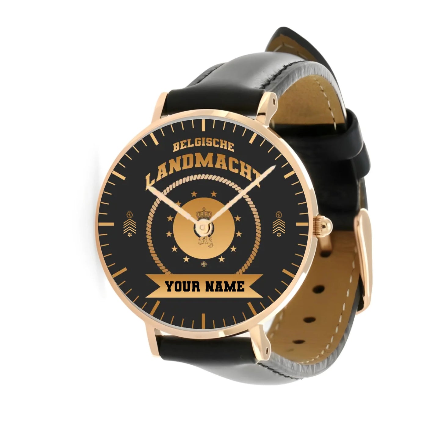 Personalized Belgium Soldier/ Veteran With Name, Rank and Black Stitched Leather Watch - 17424288 - Gold Version