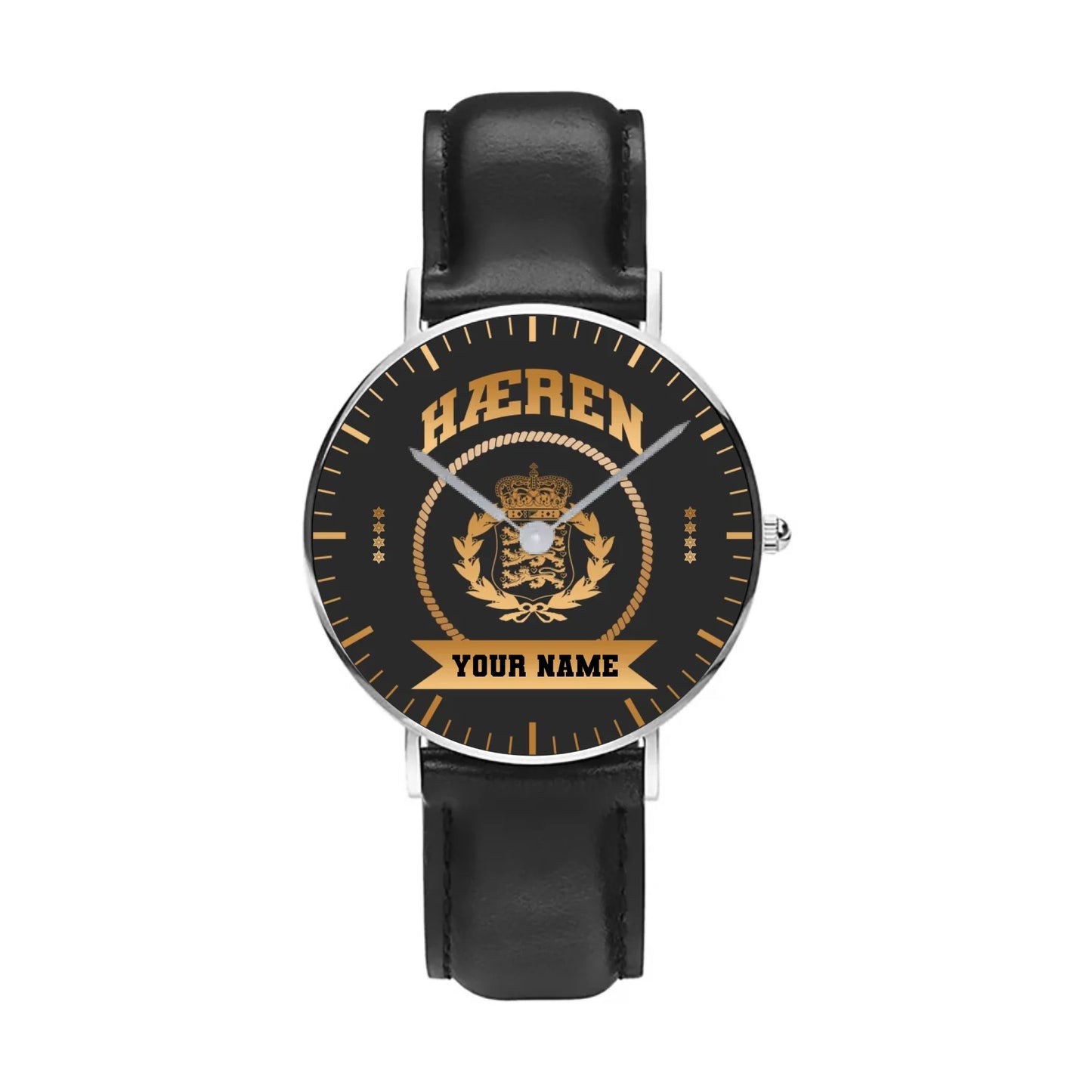 Personalized Denmark Soldier/ Veteran With Name, Rank and Black Stitched Leather Watch - 17424288 - Gold Version
