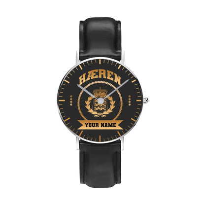 Personalized Denmark Soldier/ Veteran With Name, Rank and Black Stitched Leather Watch - 17424288 - Gold Version