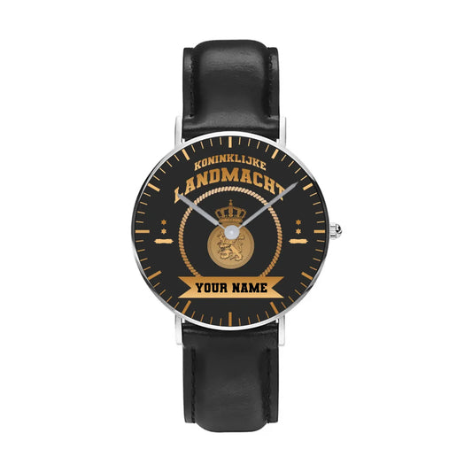 Personalized Netherlands Soldier/ Veteran With Name, Rank and Black Stitched Leather Watch - 17424288 - Gold Version