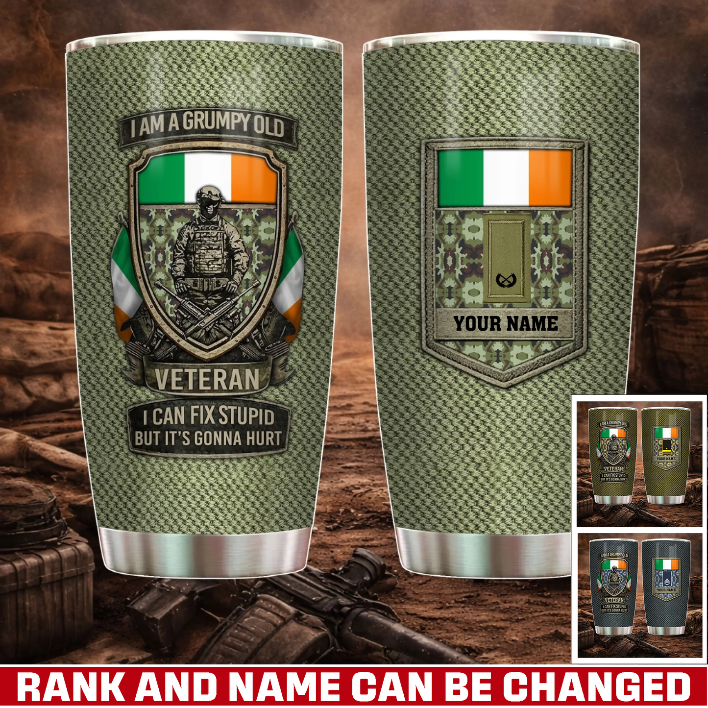 Personalized Ireland Veteran/ Soldier With Rank And Name Camo Tumbler - 17727552