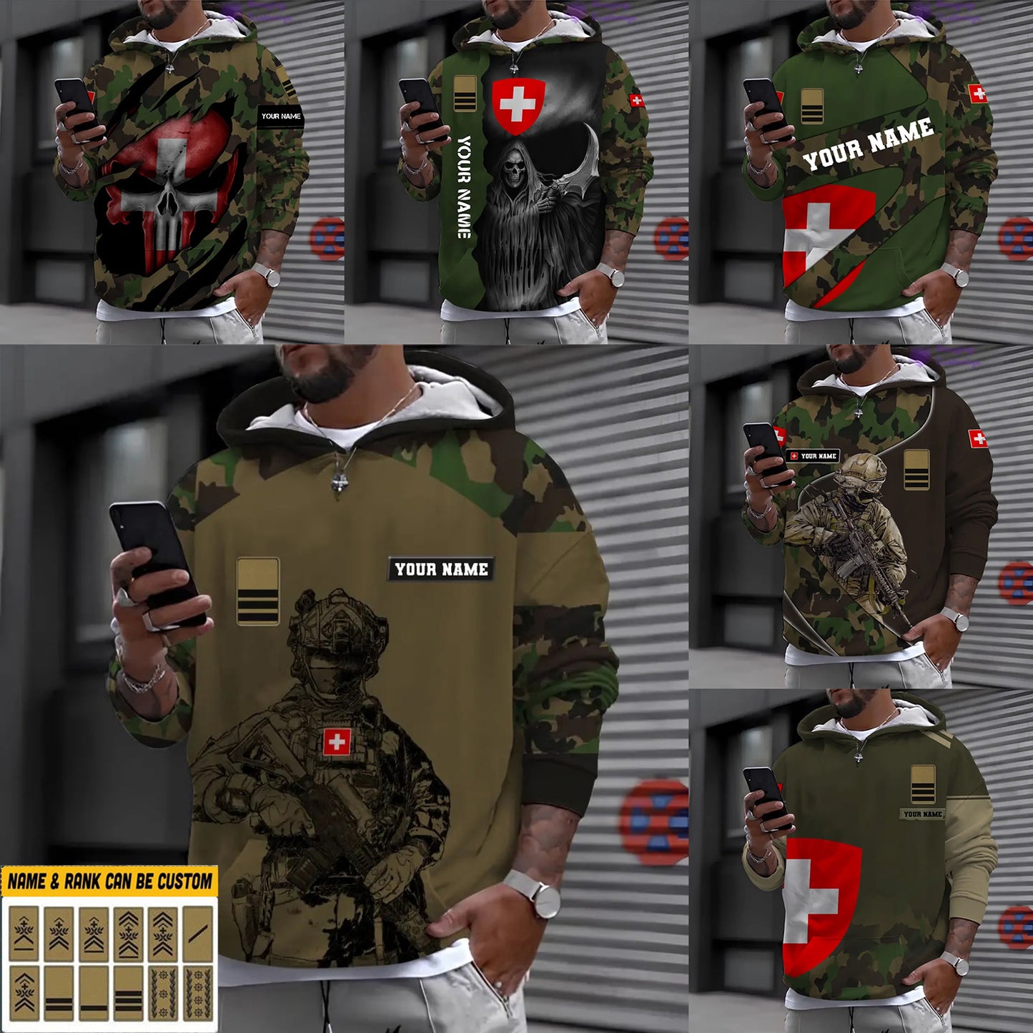 Sweat à capuche personnalisé avec camouflage soldat/vétéran suisse avec nom et grade imprimé en 3D - 17023392