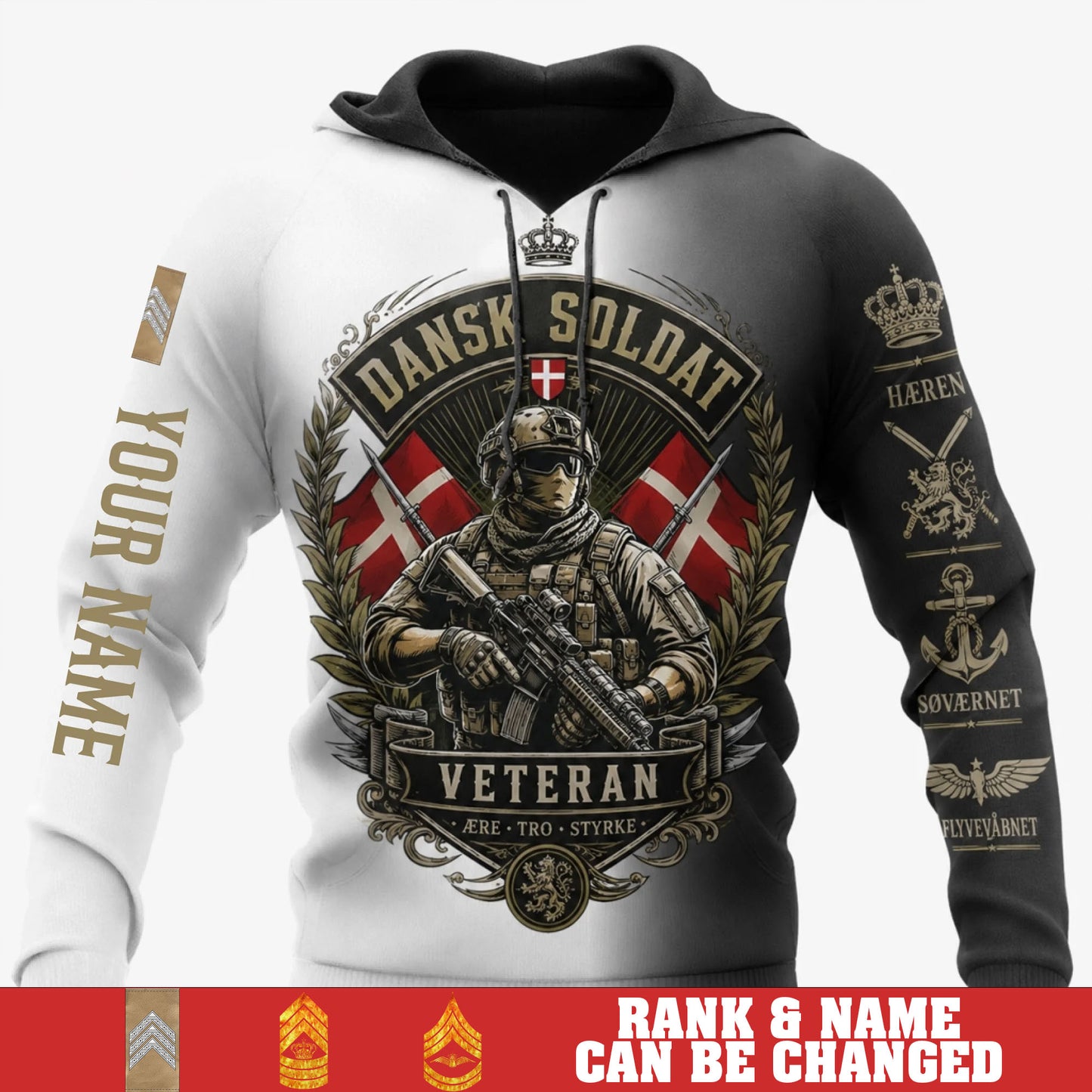 Personalized Denmark Soldier/Veteran with Name & Rank Hoodie All Over Printed - 17777664