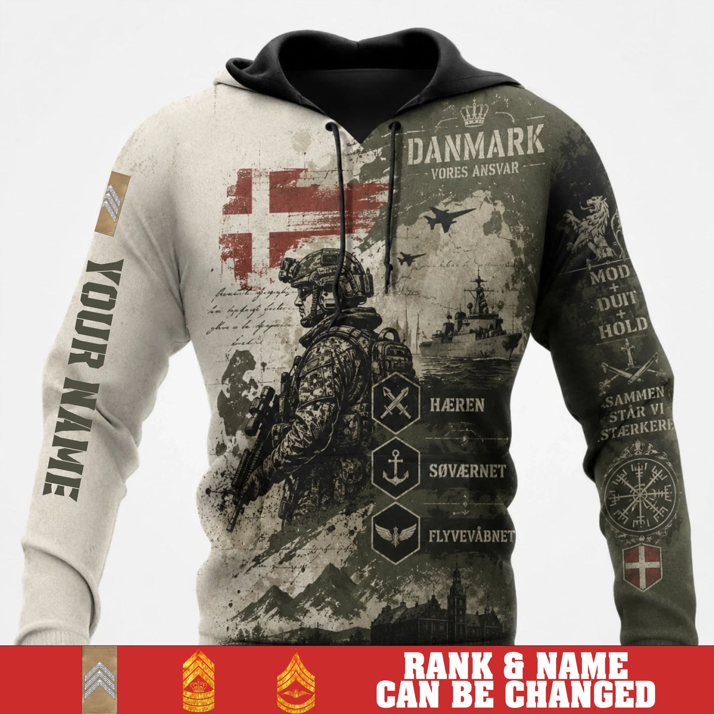 Personalized Denmark Soldier/Veteran with Name & Rank Hoodie All Over Printed - 177802560