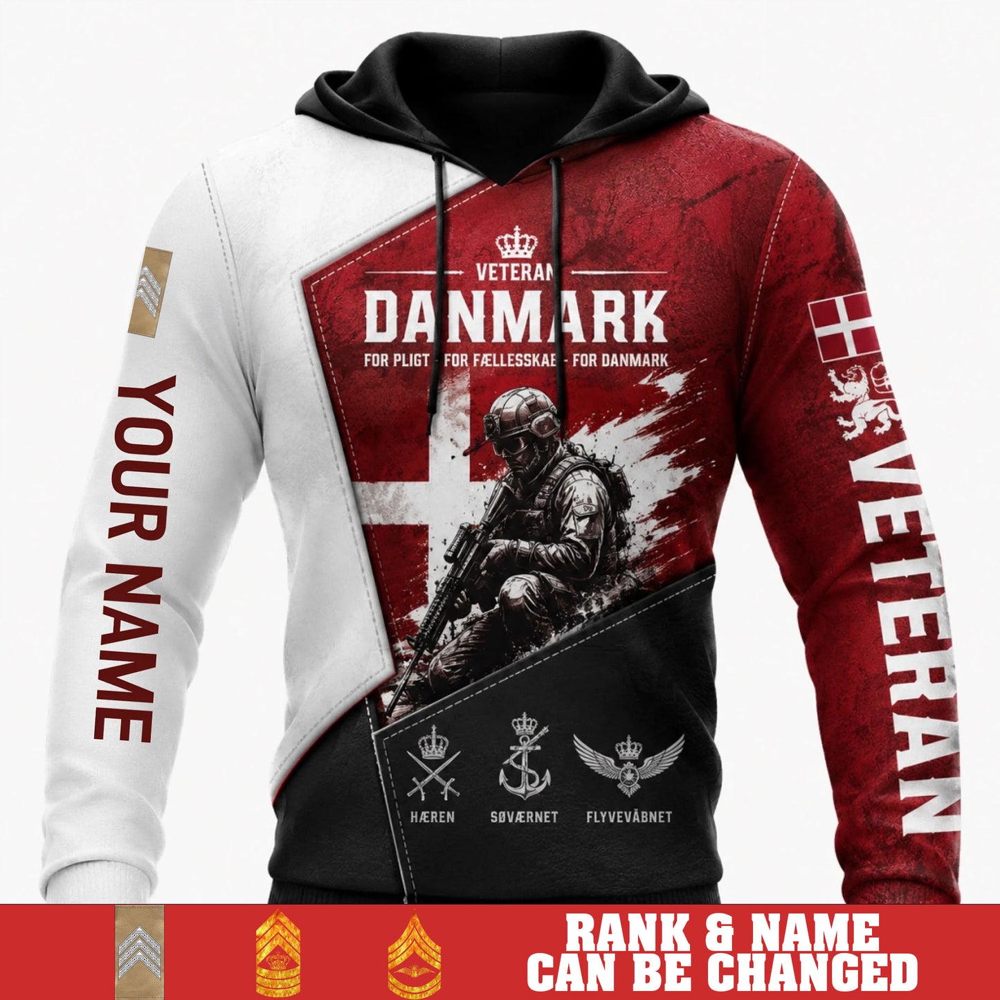 Personalized Denmark Soldier/Veteran with Name & Rank Hoodie All Over Printed - 17782848
