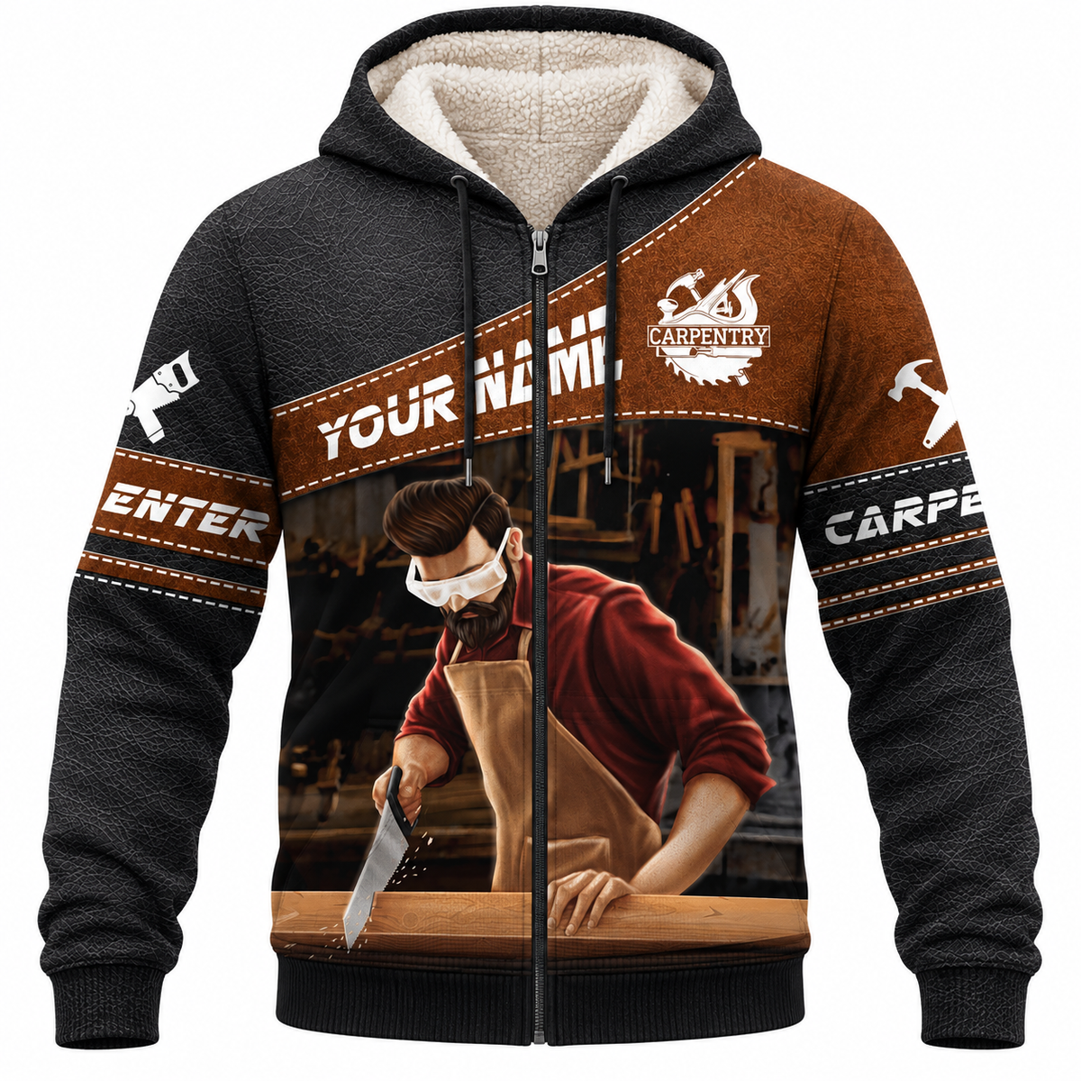 Personalized Carpenter Fleece Zip Hoodie - Brown Diagonal Band Hand Plane - front view