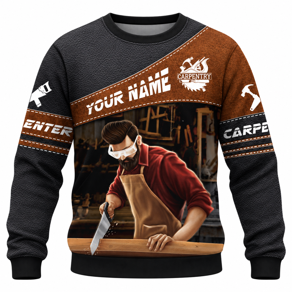 Personalized Carpenter Sweatshirt - Brown Diagonal Band Hand Plane - front view