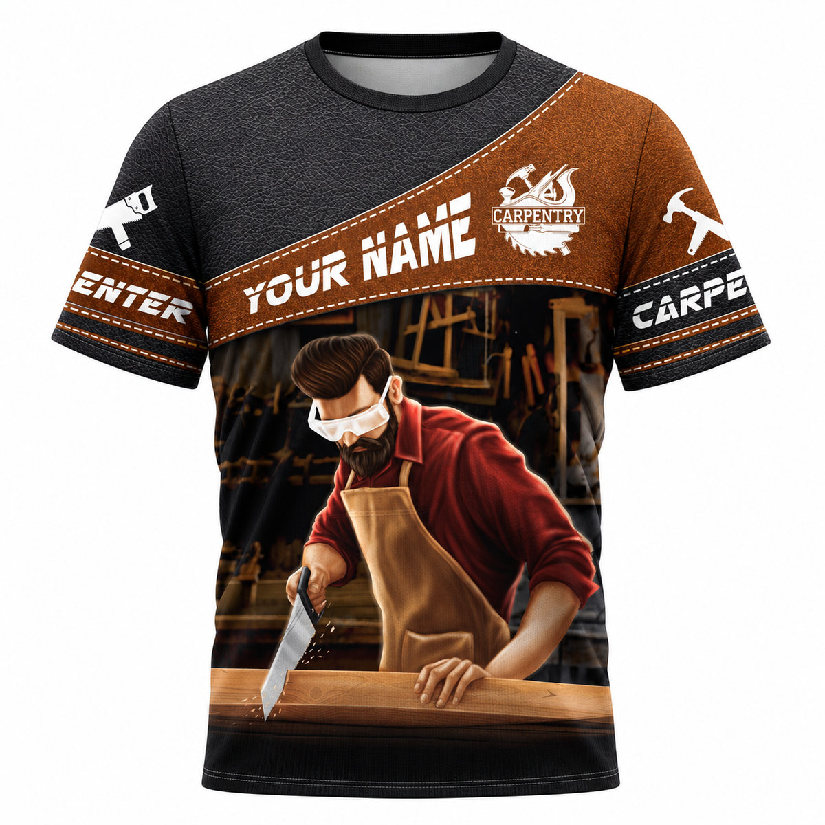 Personalized Carpenter T-Shirt - Brown Diagonal Band Hand Plane - front view