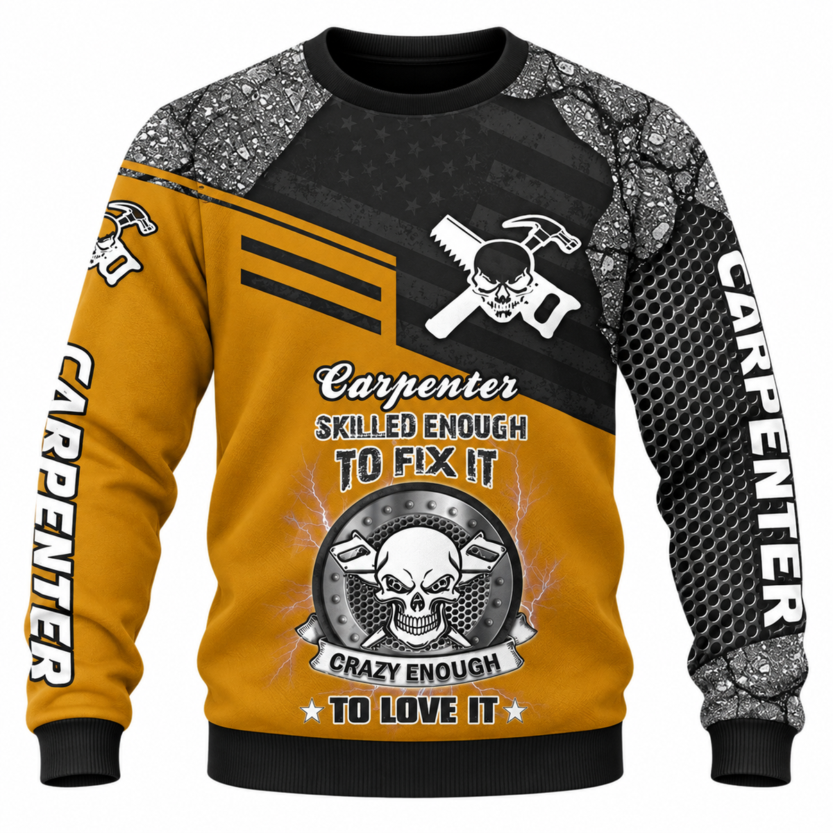 Personalized Carpenter Sweatshirt - Yellow Black Carpenter Skull Quote - front view