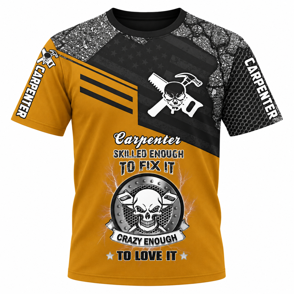 Personalized Carpenter T-Shirt - Yellow Black Carpenter Skull Quote - front view