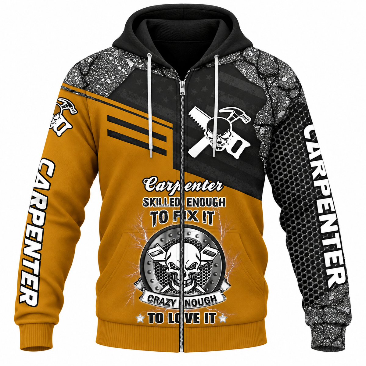 Personalized Carpenter Zip Hoodie - Yellow Black Carpenter Skull Quote - front view