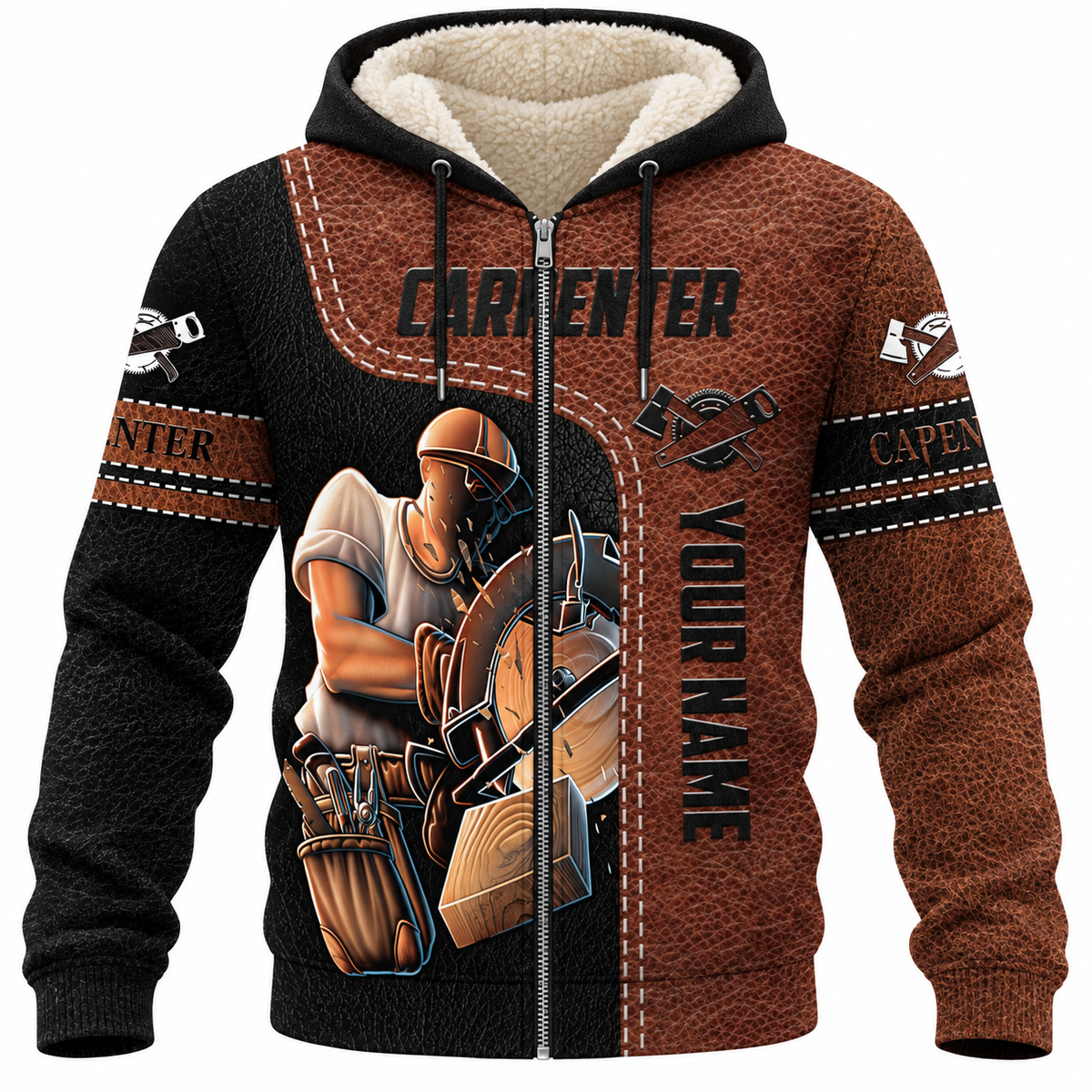 Personalized Carpenter Fleece Zip Hoodie - Brown Leather Print Circular Saw - front view