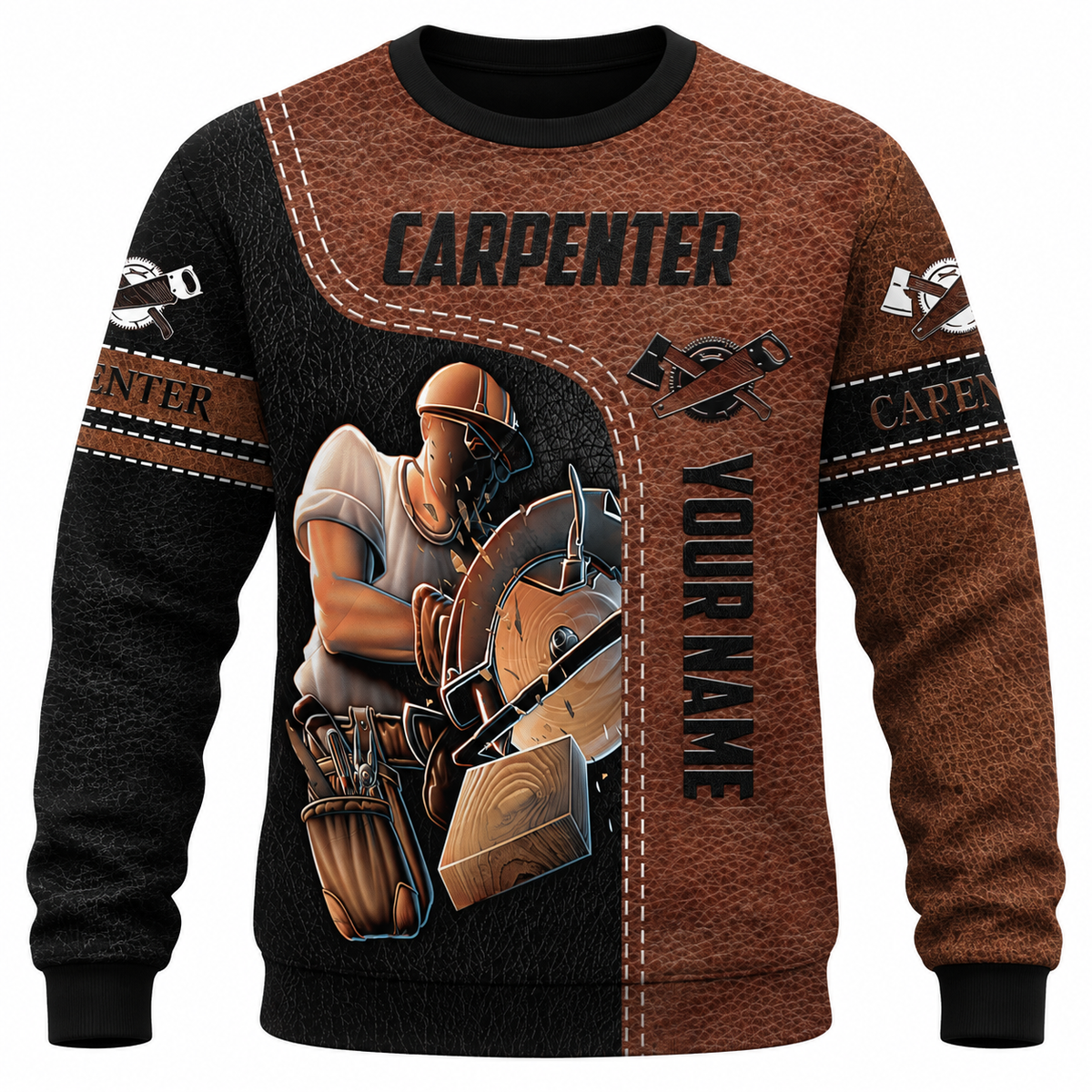 Personalized Carpenter Sweatshirt - Brown Leather Print Circular Saw - front view