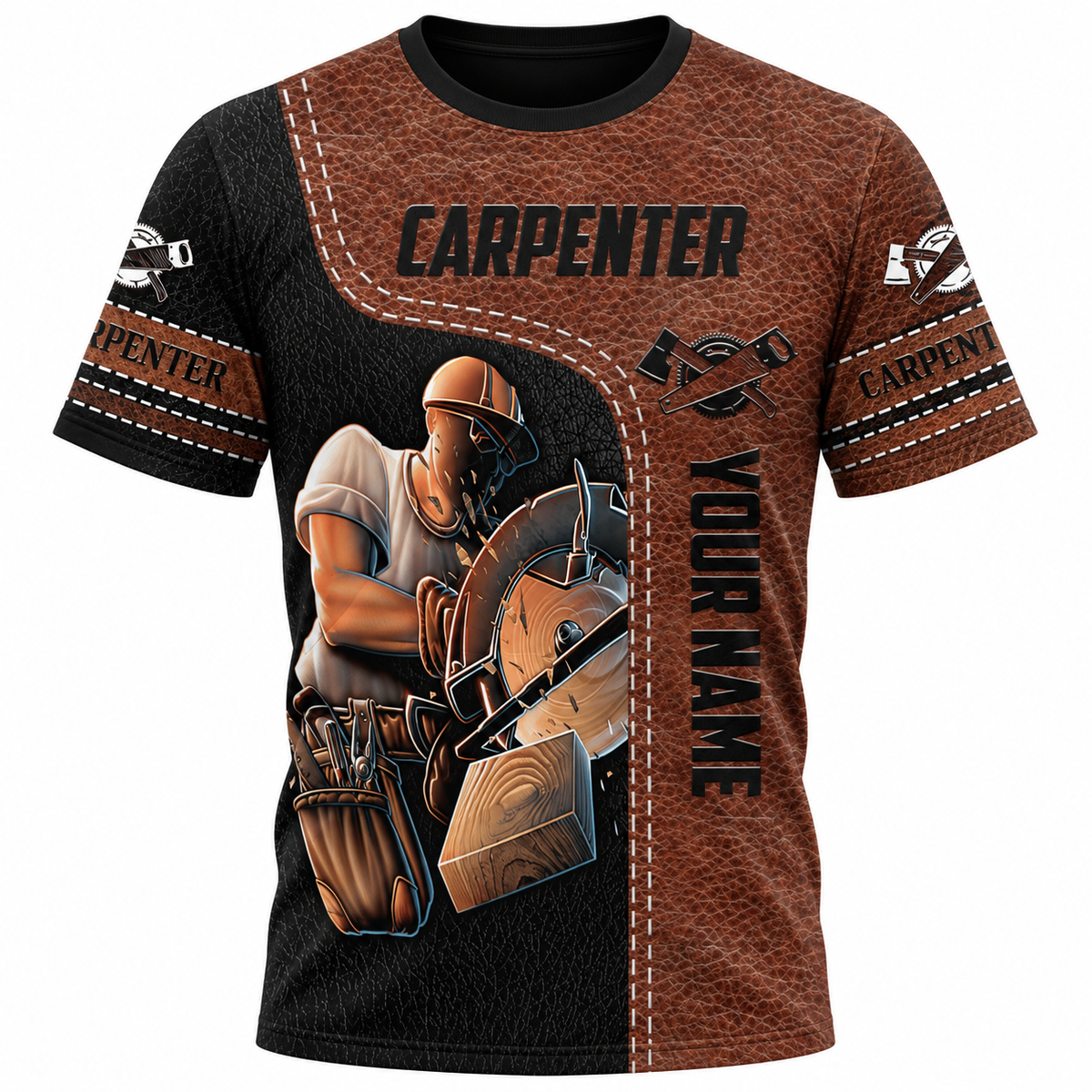Personalized Carpenter T-Shirt - Brown Leather Print Circular Saw - front view