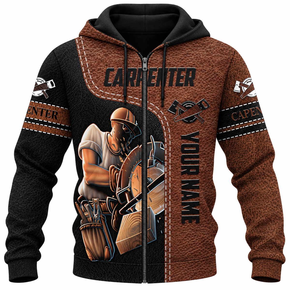 Personalized Carpenter Zip Hoodie - Brown Leather Print Circular Saw - front view