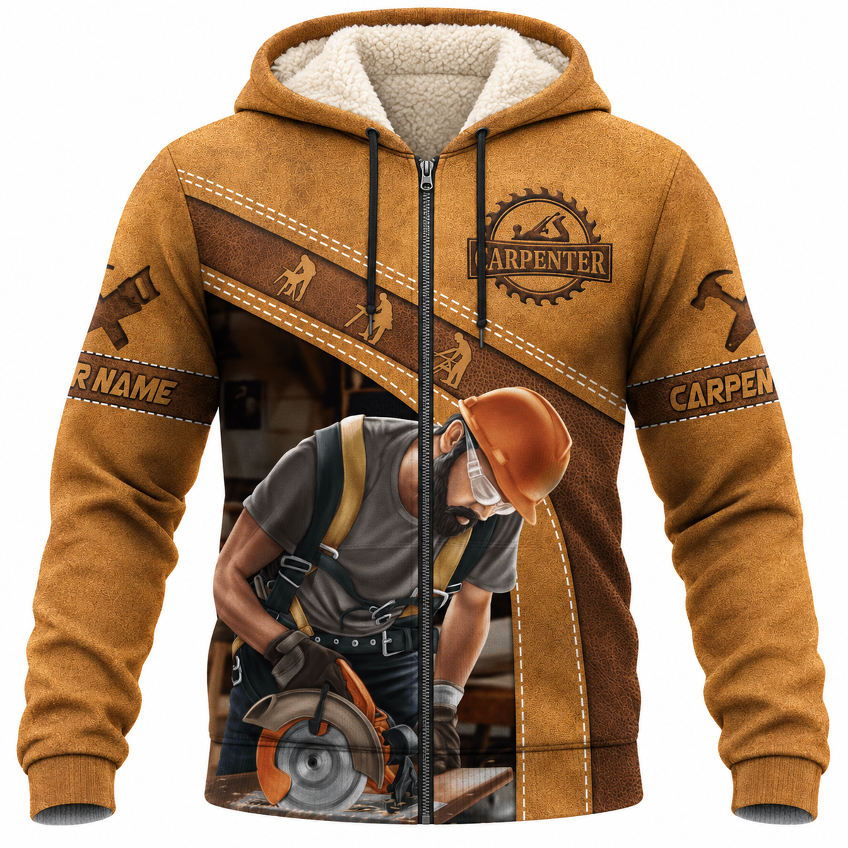 Personalized Carpenter Fleece Zip Hoodie - Tan Carpenter Using Circular Saw - front view