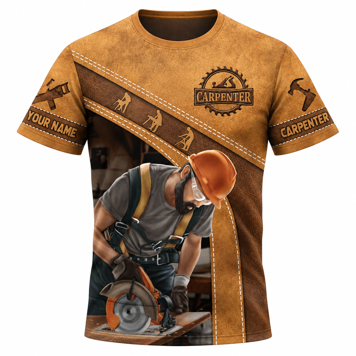 Personalized Carpenter T-Shirt - Tan Carpenter Using Circular Saw - front view