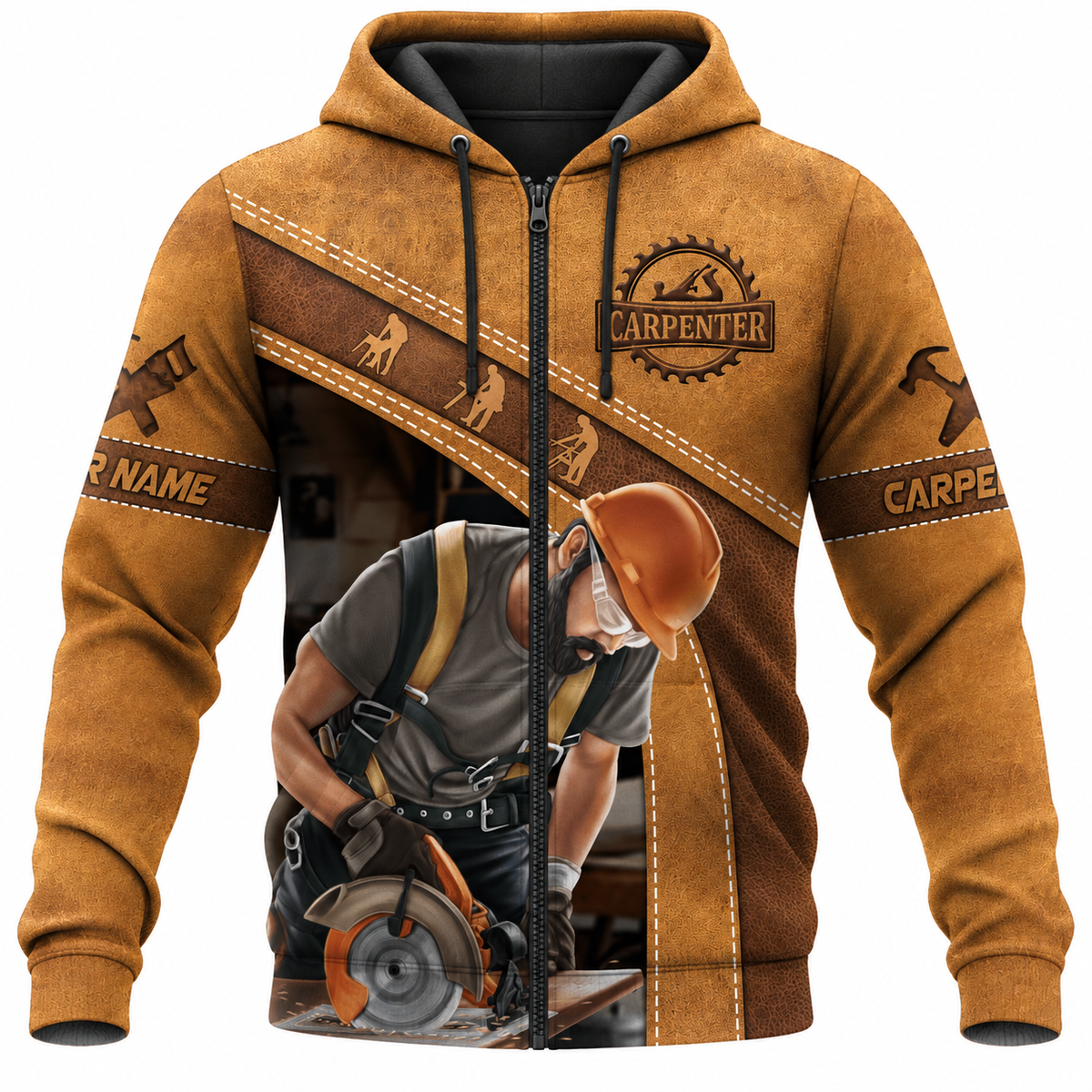Personalized Carpenter Zip Hoodie - Tan Carpenter Using Circular Saw - front view
