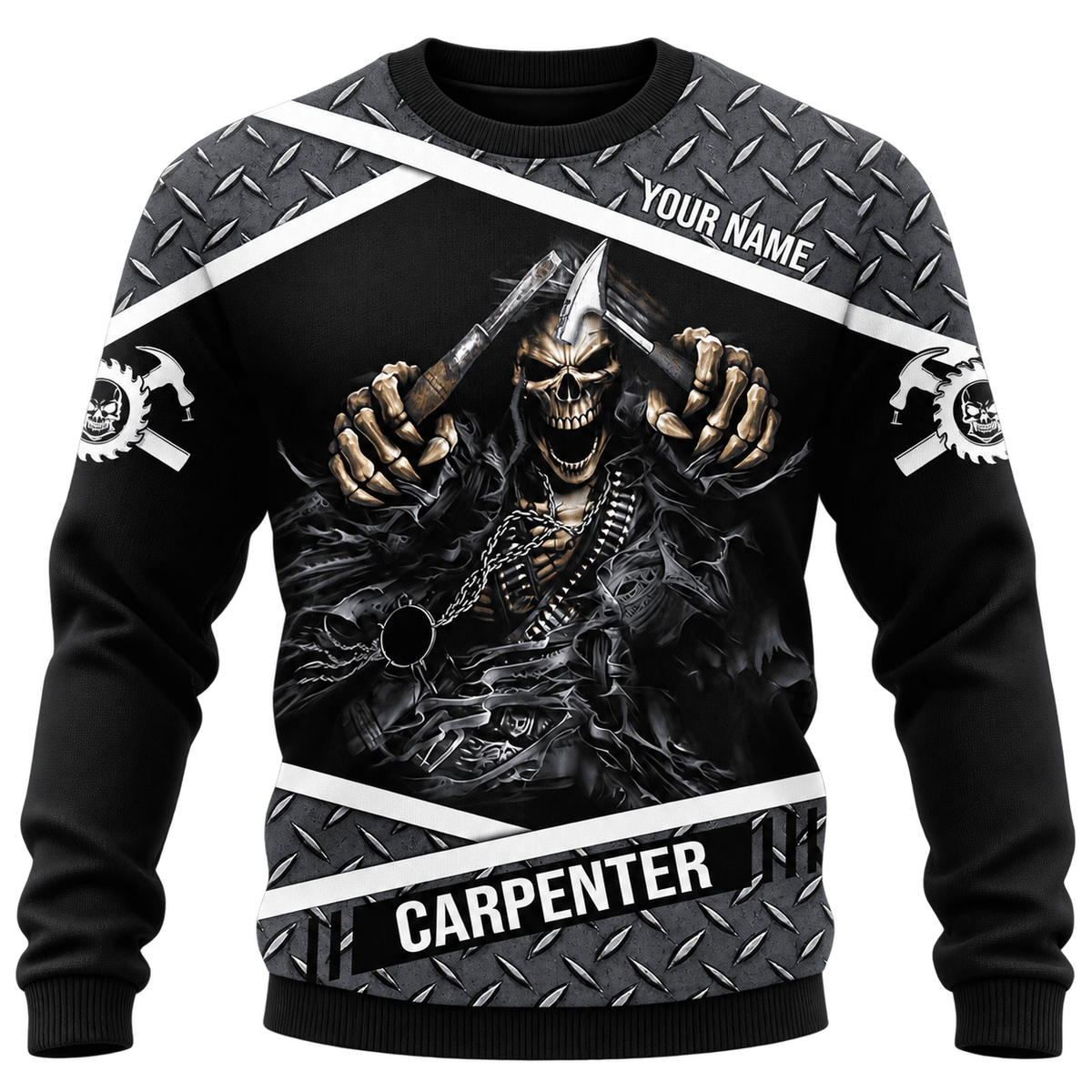 Personalized Carpenter Sweatshirt - Black Grey Hooded Skull - front view