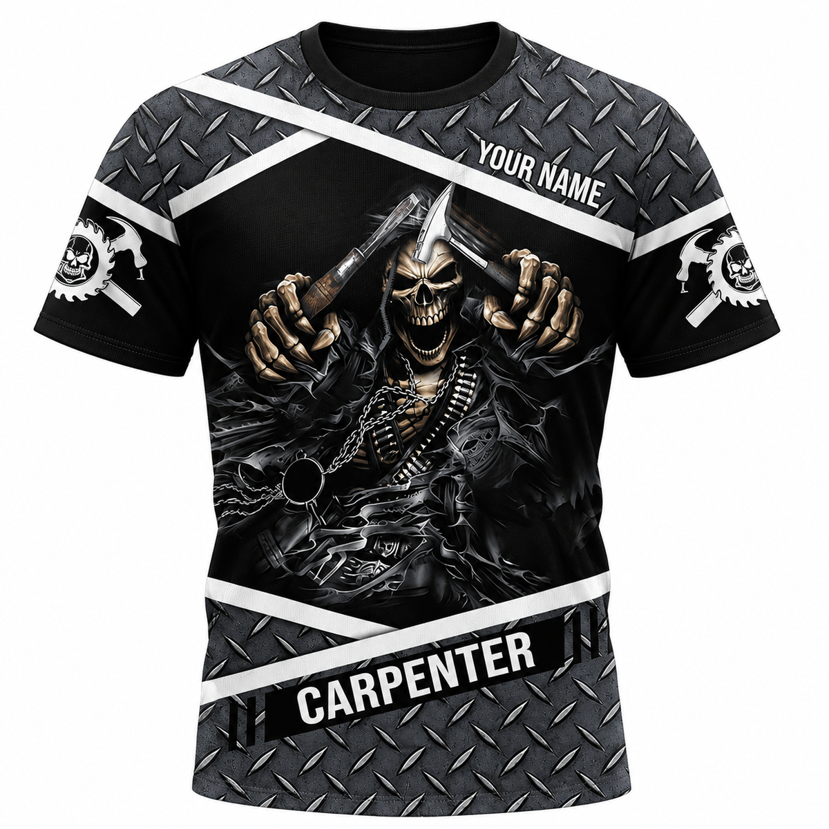 Personalized Carpenter T-Shirt - Black Grey Hooded Skull - front view