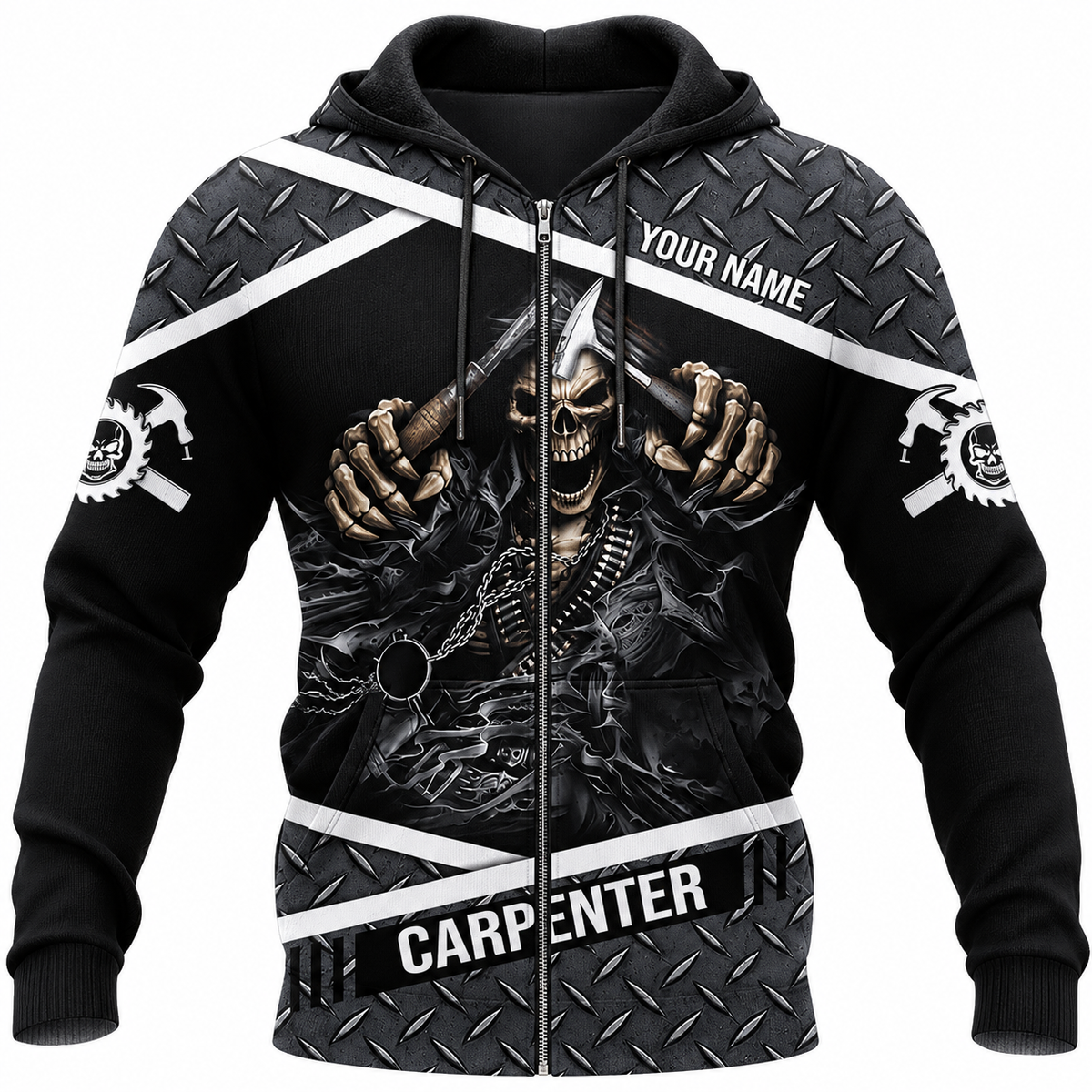 Personalized Carpenter Zip Hoodie - Black Grey Hooded Skull - front view
