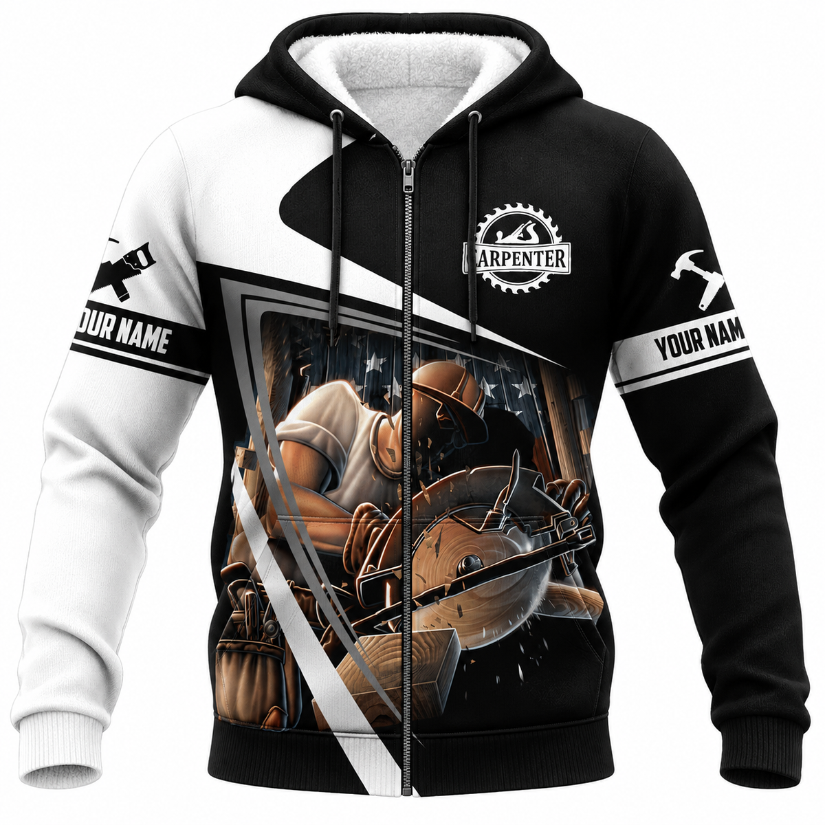 Personalized Carpenter Fleece Zip Hoodie - Black White Panel Circular Saw - front view