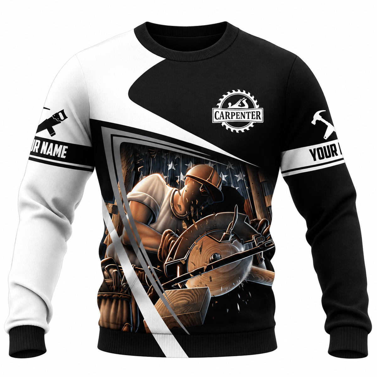 Personalized Carpenter Sweatshirt - Black White Panel Circular Saw - front view