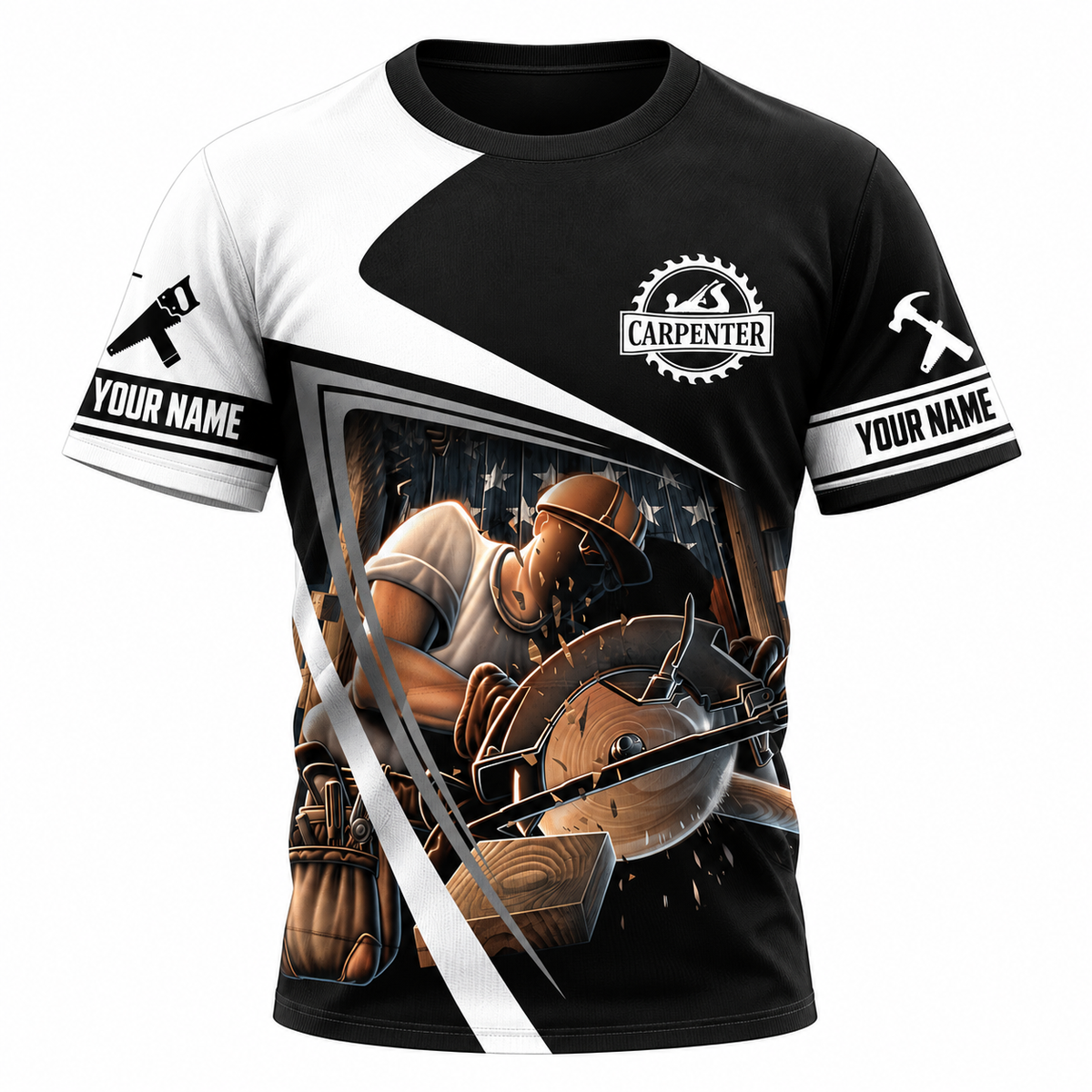Personalized Carpenter T-Shirt - Black White Panel Circular Saw - front view