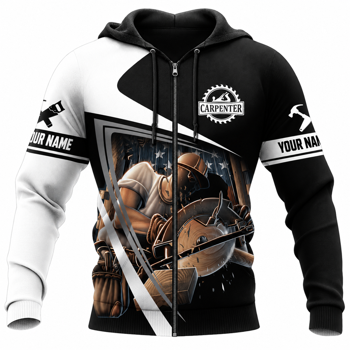 Personalized Carpenter Zip Hoodie - Black White Panel Circular Saw - front view