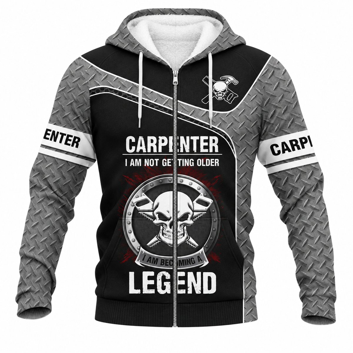 Personalized Carpenter Fleece Zip Hoodie - Grey Black Legend Skull - front view
