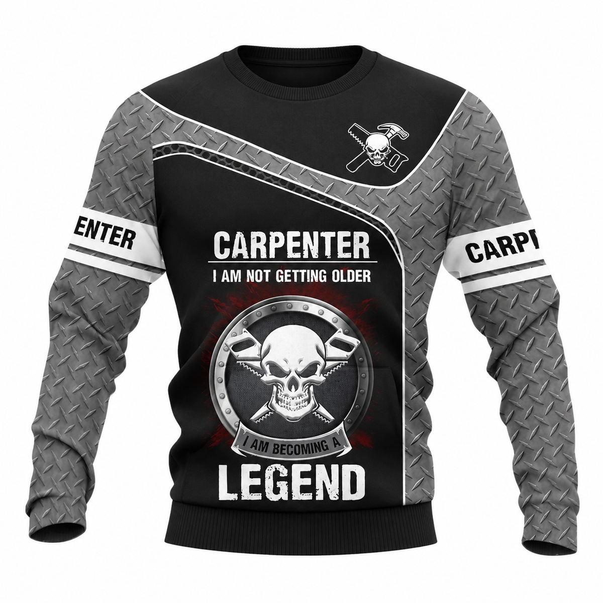 Personalized Carpenter Sweatshirt - Grey Black Legend Skull - front view