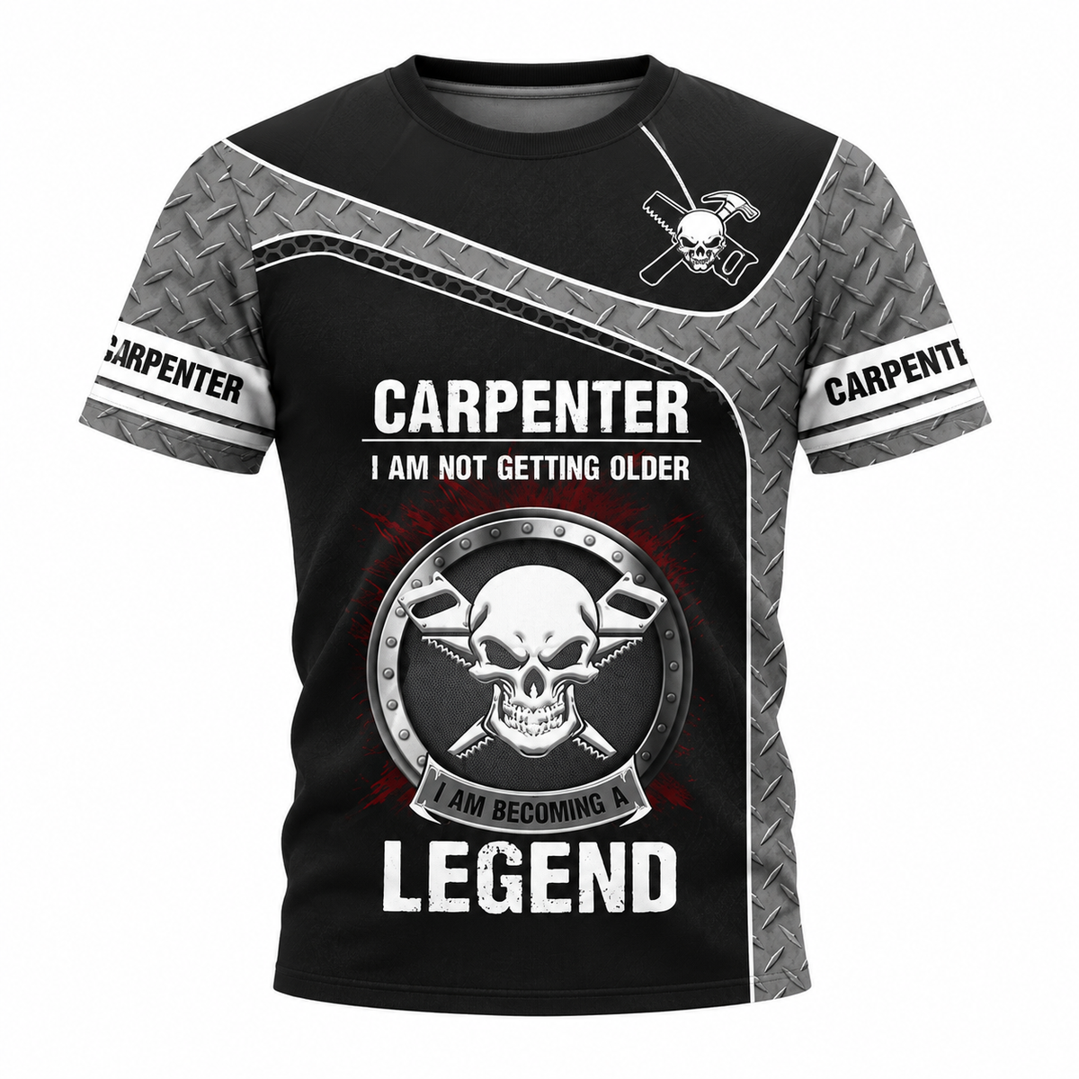 Personalized Carpenter T-Shirt - Grey Black Legend Skull - front view