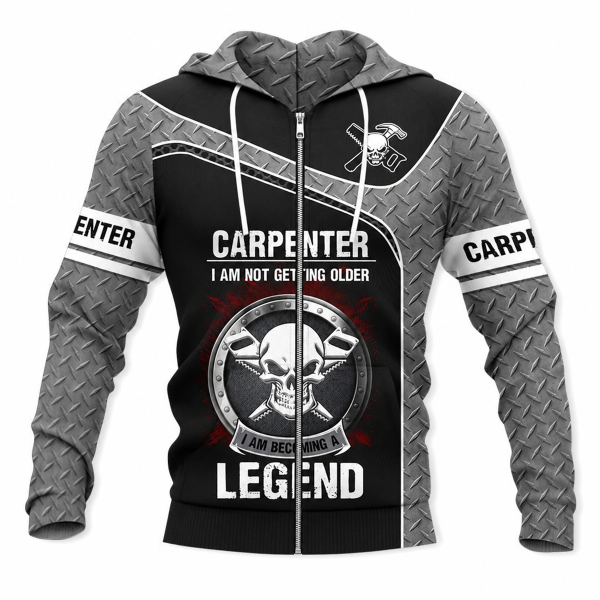 Personalized Carpenter Zip Hoodie - Grey Black Legend Skull - front view